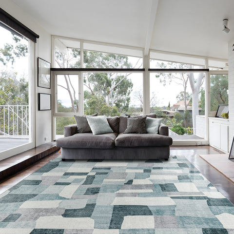 Extra Large Floor Rug Blue Grey Ivory Checked Modern Geometric Carpet Machine Washable Mat
