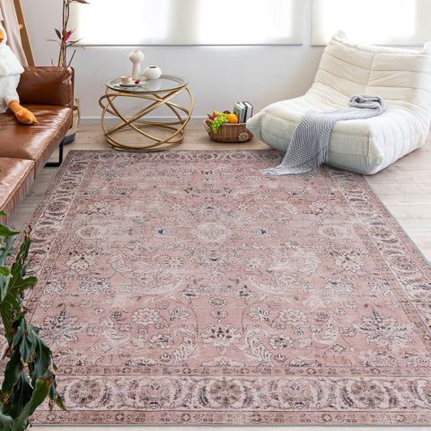Extra Large Rug Dusty Pink Beautiful Allover Distressed High Traffic Carpet Runner Machine Washable Thicker Pile