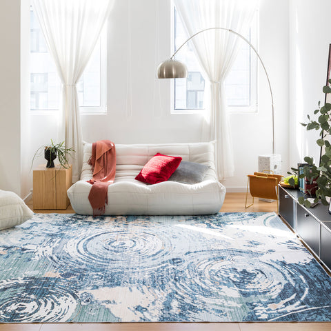 Extra Large Rug Coastal Theme Blue Teal Aqua Soft Beautiful Modern Abstract Carpet Machine Washable Plush Mat