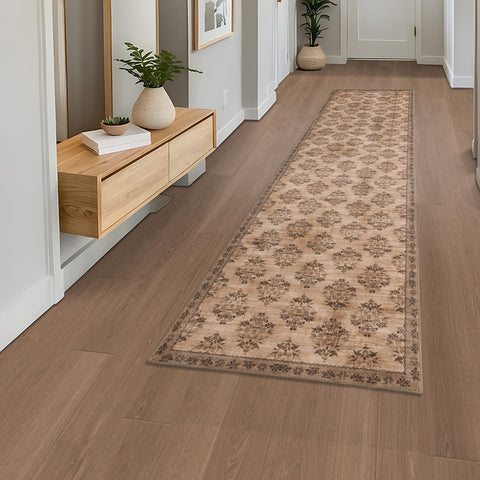 Khaki Beige Hallway Runner Minimalist Modern Carpet Allover Bouquet Rug 80x300cm
