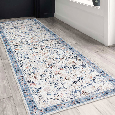 Hallway Runner Blue Ivory Beautiful Vines Ocean Theme Carpet Mat 80x300cm - Rugaustralia