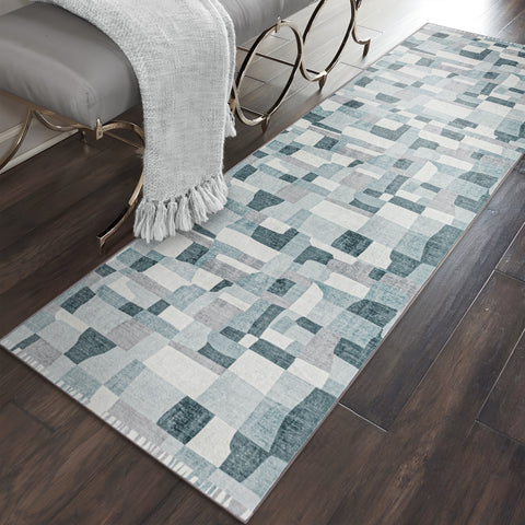 Hallway Runner Rug Blue Grey Ivory Checked Modern Geometric Carpet Rugs 80x300cm