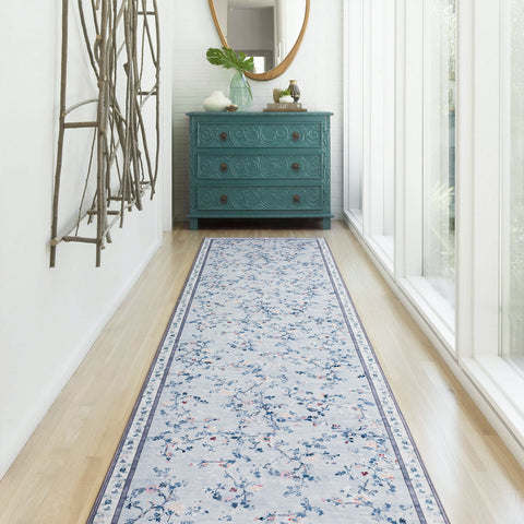 Hallway Runner Floral Rug Pale Blue Allover Vines Distressed Machine Washable Rugs