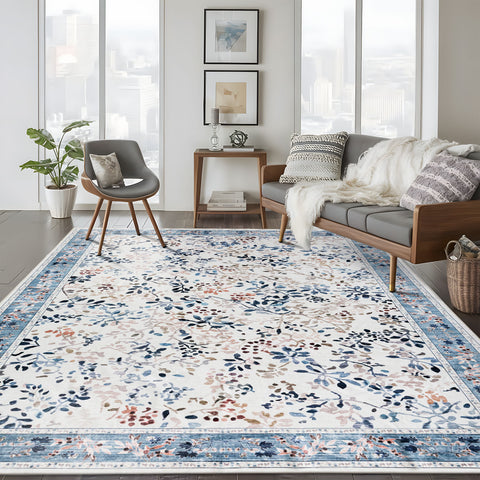 Extra Large Rug Blue Ivory Soft Stunning Hamptons Style Carpet Machine Washable Mat - Rugaustralia