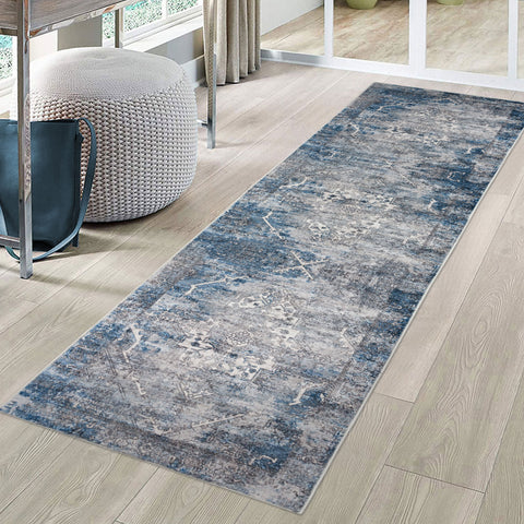 Hallway Runner Vintgage Blue Thick Plush Non Slip Corridor Carpet Washable  80x300cm