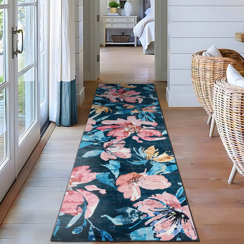 Dark Blue Hallway Runner Non Slip Modern Floor Rugs Floral Washable Mat 80x300cm