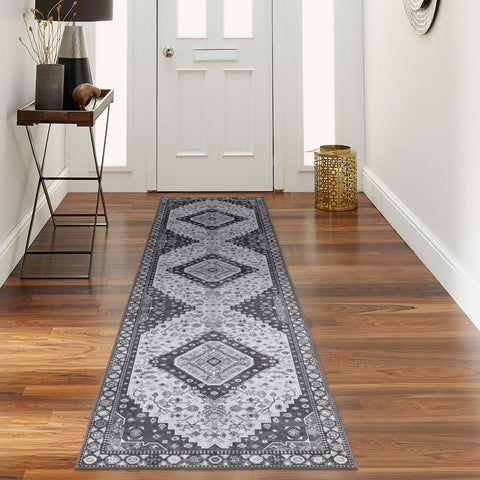 Charcoal Black Corridor Rug Soft Plush Non Slip Entry Way Traditional Rug Geometric Machine Washable 80x300cm