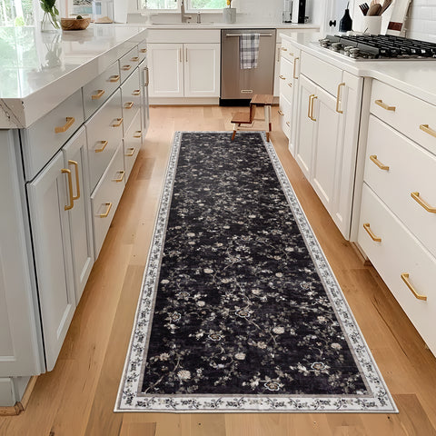 Hallway Runner Charcoal Black Floral Vines Distressed Carpet Machine Washable 80x300cm