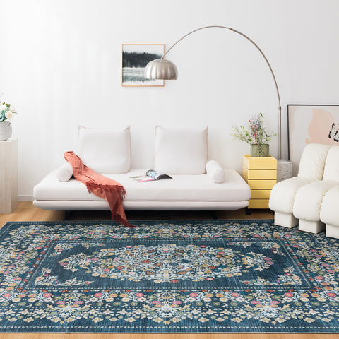 Extra Large Area Rug Teal Turquoise Blue Soft Floral Machine Washable Carpet Runner Mat