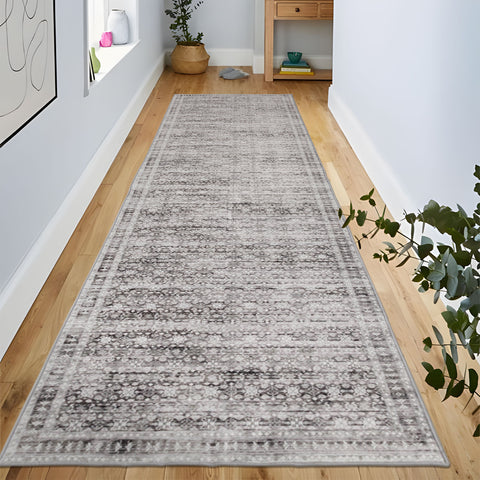 Light Grey Hallway Runner Rug Distressed Monochrome Modern Striped Carpet Non Slip Rugs 80x300cm