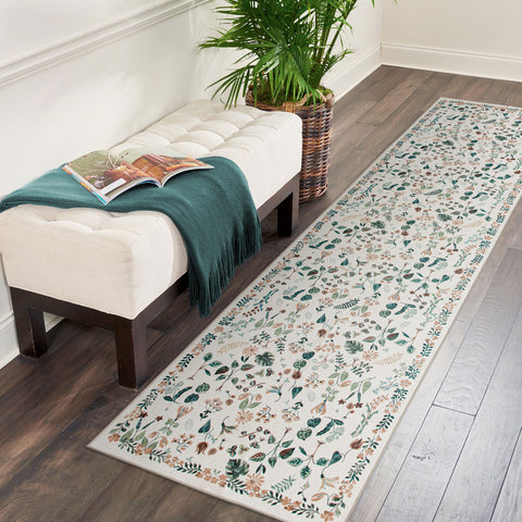 Ivory White Tropical Runner Rug Plush Long Runner Rug Botanical Mat 80x300cm