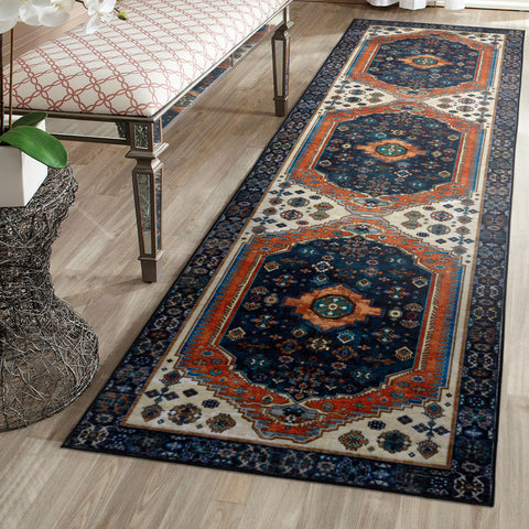 Hallway Runner Blue Orange Plush  Traditional Carpet Non Slip Machine Washable Rug 80x300cm