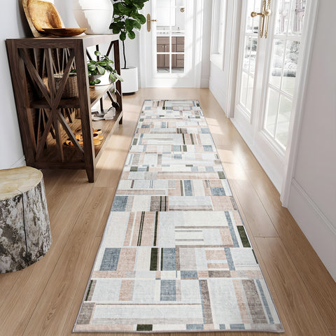 Hallway Runner Peach Blue Multi Checked Modern Abstract Carpet Machine Washable Runners 80x300m