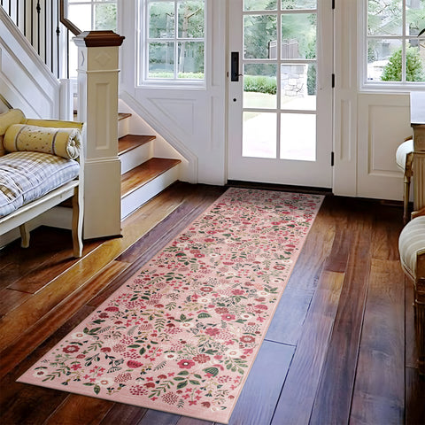 Peach Pink Hallway Runner Machine Washable Jungle Pattern Rugs Non Slip Rug Mat 80x300cm