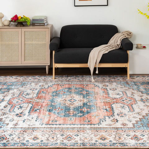 Last 2 Pcs Area Rug Red Blue Cream Plush Vintage Boho Carpet Machine Washable Hallway Runner 5mm Tufted Carpet