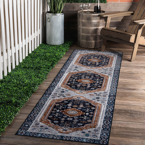 Hallway Runner Rug Blue Brown Vintage Corridor Carpet Non Slip Rug Machine Washable  80x300cm