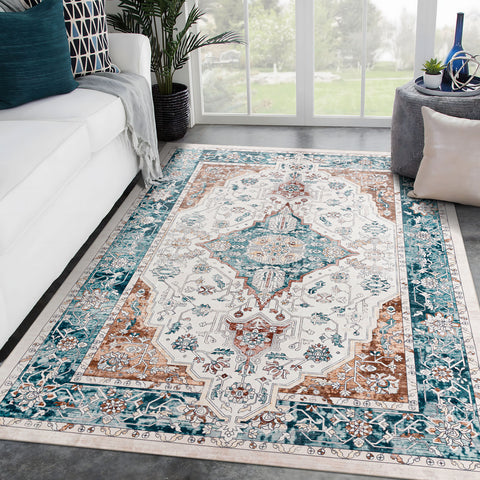 Extra Large Rug Teal Blue Rust Beautiful Retro Lounges Carpet Machine Washable Mat - Rugaustralia