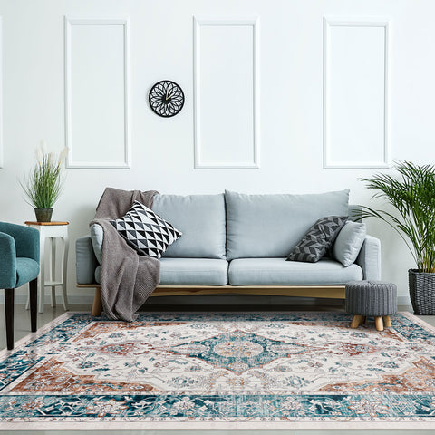 Extra Large Rug Teal Blue Rust Beautiful Retro Lounges Carpet Machine Washable Mat - Rugaustralia