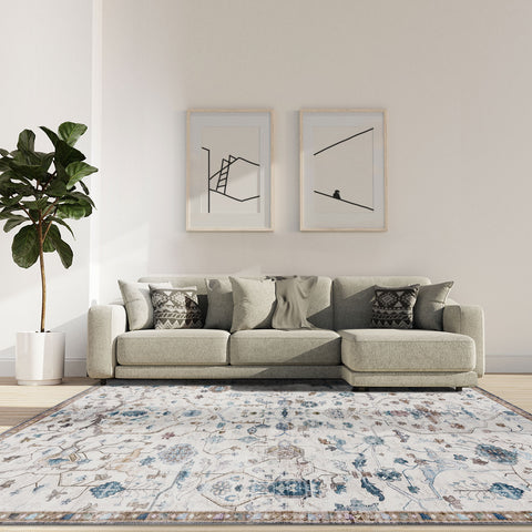 Clearance Extra Large Floor Rug Beige Beautiful Distressed Floral Carpet Soft Runner Rugs Machine Washable