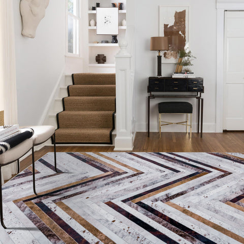 Large Faux Cowhide Rug Grey Brown Striped Calf Hide Modern Carpet Machine Washable Rugs