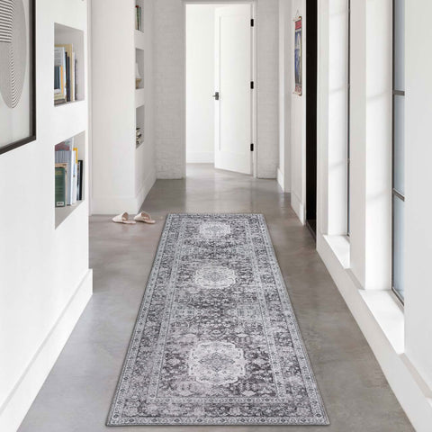 Grey Hallway Runner Beautiful Floral Corridor Runner Machine Washable Rug 80x300cm