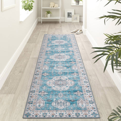 Teal Aqua Blue Hallway Runner Non Slip Rubber Back Corridor washable Carpet 80x300cm