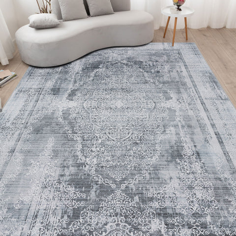 Extra Large Rug Silver Grey Slate Beautiful Paisley Medallion Carpet High Traffic Machine Washable