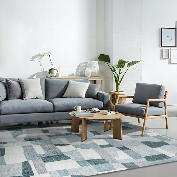 Extra Large Floor Rug Blue Grey Ivory Checked Modern Geometric Carpet Machine Washable Mat