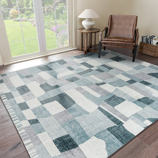 Extra Large Floor Rug Blue Grey Ivory Checked Modern Geometric Carpet Machine Washable Mat
