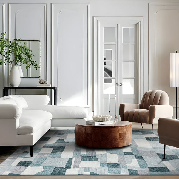 Extra Large Floor Rug Blue Grey Ivory Checked Modern Geometric Carpet Machine Washable Mat
