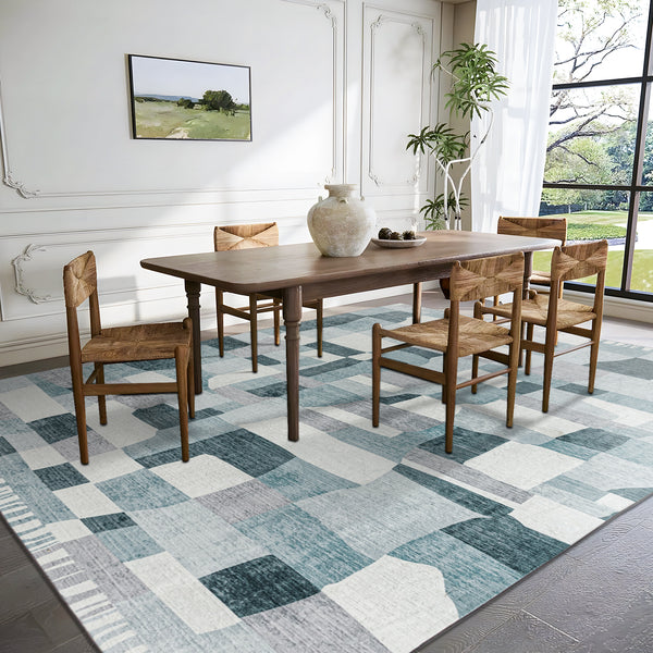 Extra Large Floor Rug Blue Grey Ivory Checked Modern Geometric Carpet Machine Washable Mat