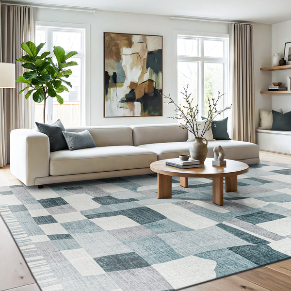 Extra Large Floor Rug Blue Grey Ivory Checked Modern Geometric Carpet Machine Washable Mat