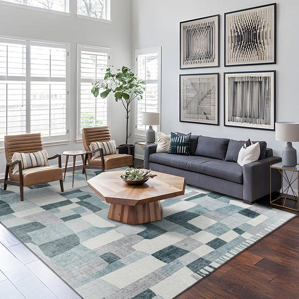 Extra Large Floor Rug Blue Grey Ivory Checked Modern Geometric Carpet Machine Washable Mat