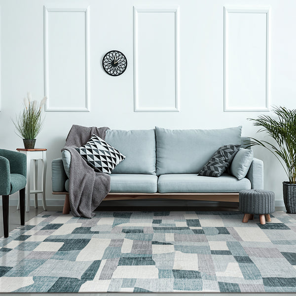 Extra Large Floor Rug Blue Grey Ivory Checked Modern Geometric Carpet Machine Washable Mat