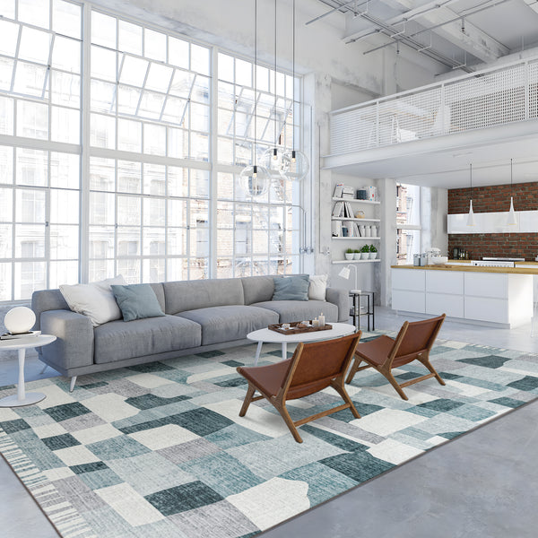 Extra Large Floor Rug Blue Grey Ivory Checked Modern Geometric Carpet Machine Washable Mat