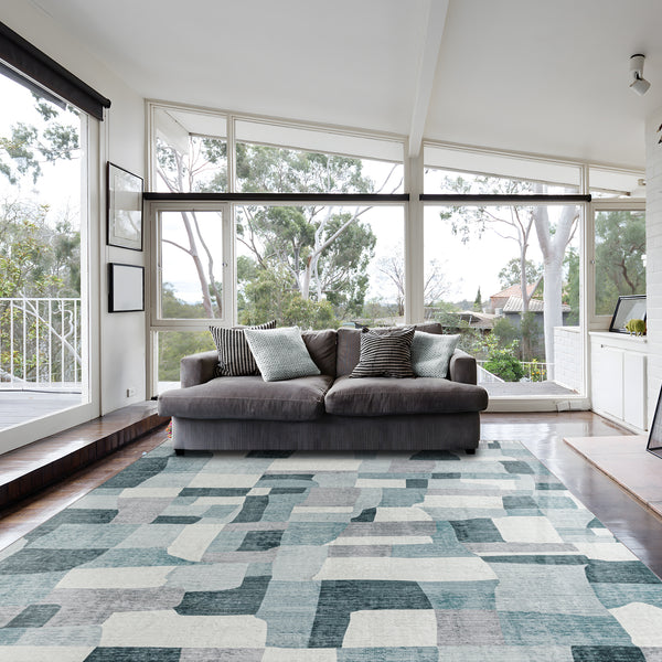 Extra Large Floor Rug Blue Grey Ivory Checked Modern Geometric Carpet Machine Washable Mat