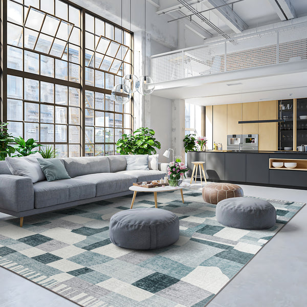 Extra Large Floor Rug Blue Grey Ivory Checked Modern Geometric Carpet Machine Washable Mat