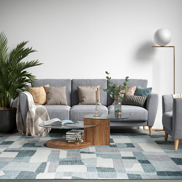 Extra Large Floor Rug Blue Grey Ivory Checked Modern Geometric Carpet Machine Washable Mat