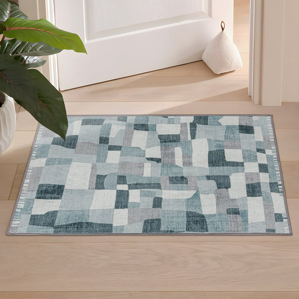 Extra Large Floor Rug Blue Grey Ivory Checked Modern Geometric Carpet Machine Washable Mat