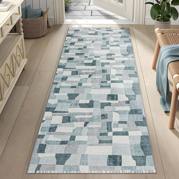 Extra Large Floor Rug Blue Grey Ivory Checked Modern Geometric Carpet Machine Washable Mat