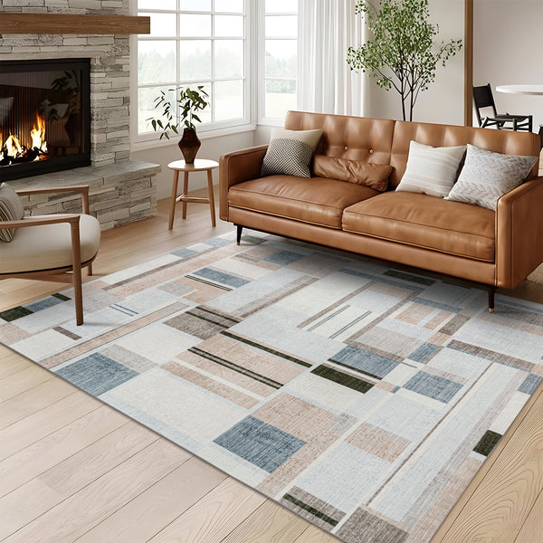 Extra Large Rug Peach Blue Multi Checked Modern Abstract Carpet Machine Washable Rugs