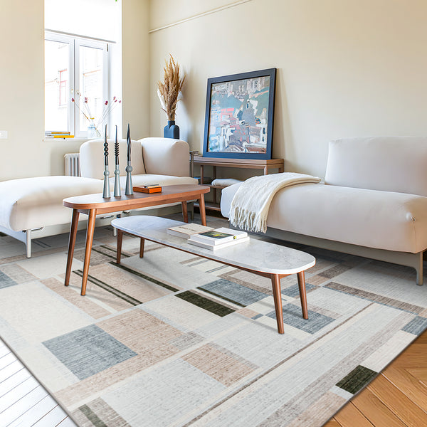 Extra Large Rug Peach Blue Multi Checked Modern Abstract Carpet Machine Washable Rugs