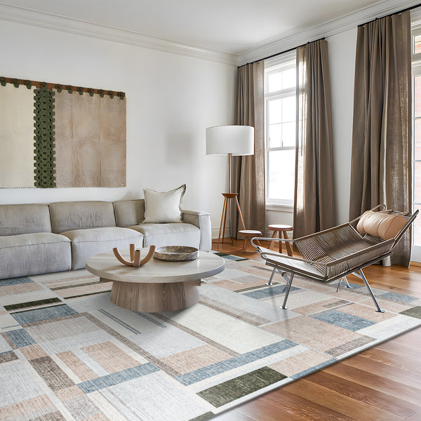 Extra Large Rug Peach Blue Multi Checked Modern Abstract Carpet Machine Washable Rugs