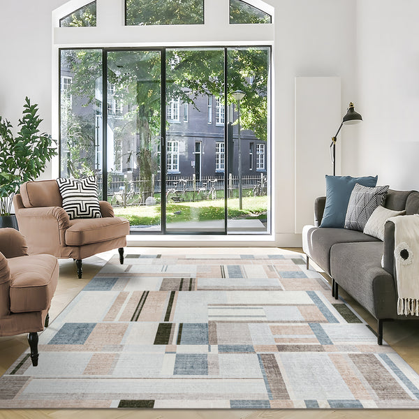 Extra Large Rug Peach Blue Multi Checked Modern Abstract Carpet Machine Washable Rugs