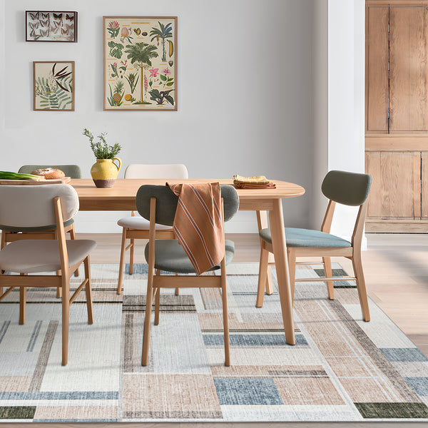 Extra Large Rug Peach Blue Multi Checked Modern Abstract Carpet Machine Washable Rugs