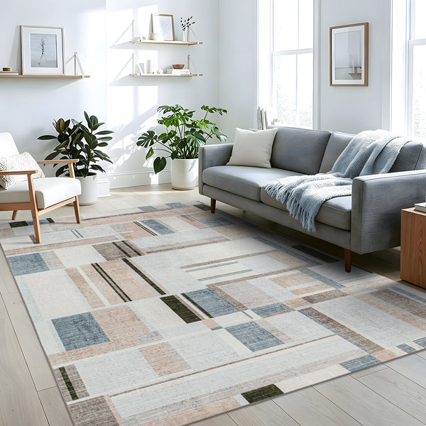 Extra Large Rug Peach Blue Multi Checked Modern Abstract Carpet Machine Washable Rugs
