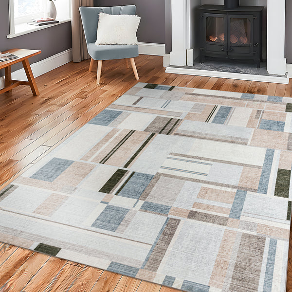 Extra Large Rug Peach Blue Multi Checked Modern Abstract Carpet Machine Washable Rugs