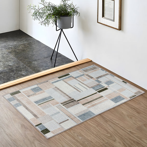 Extra Large Rug Peach Blue Multi Checked Modern Abstract Carpet Machine Washable Rugs