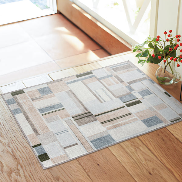 Extra Large Rug Peach Blue Multi Checked Modern Abstract Carpet Machine Washable Rugs