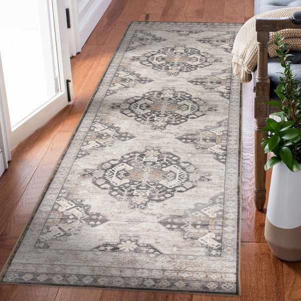 Beige Hallway Runner Traditional Corridor Carpet Machine Washable Geometric Carpet 80x300cm